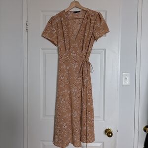 Chic Tan Floral Wrap Midi Dress